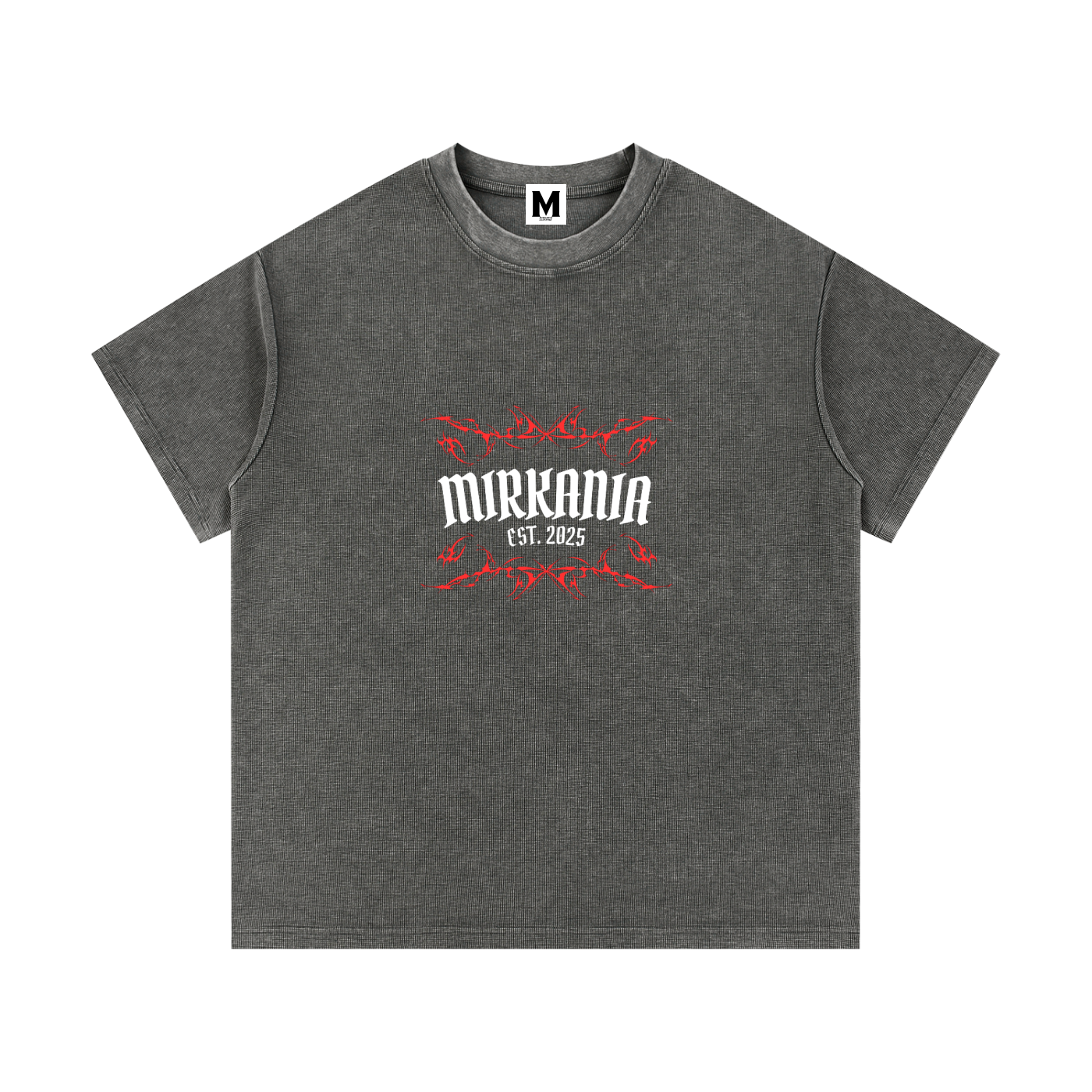ODMPOD mineral wash waffle knit t-shirt showing a close-up of the textured fabric and classic crew neck style.