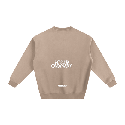 ODMPOD fleeced sweatshirt showing a cozy, soft fleece interior and casual fit in a neutral color.