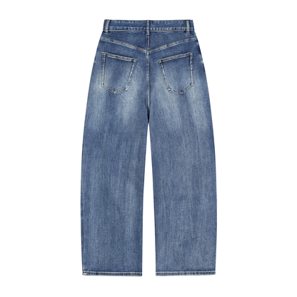 ODMPOD Sun Fade Heavyweight Denim Jeans showing distressed, faded blue fabric with classic five-pocket design and straight leg fit.