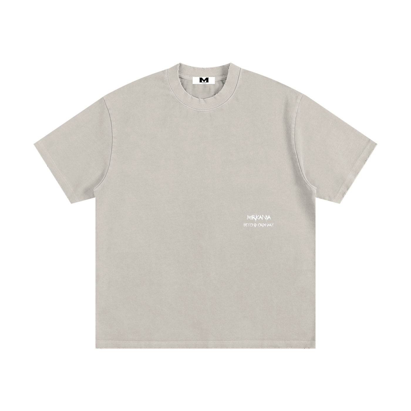 ODMPOD heavyweight vintage washed frayed T-shirt shown with distressed fabric and casual fit, highlighting its rugged, stylish design.