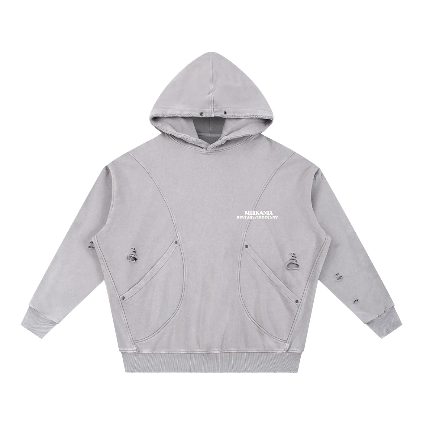 ODMPOD snow washed distressed panel hoodie with front pocket and casual fit, featuring a rugged, stylish design.