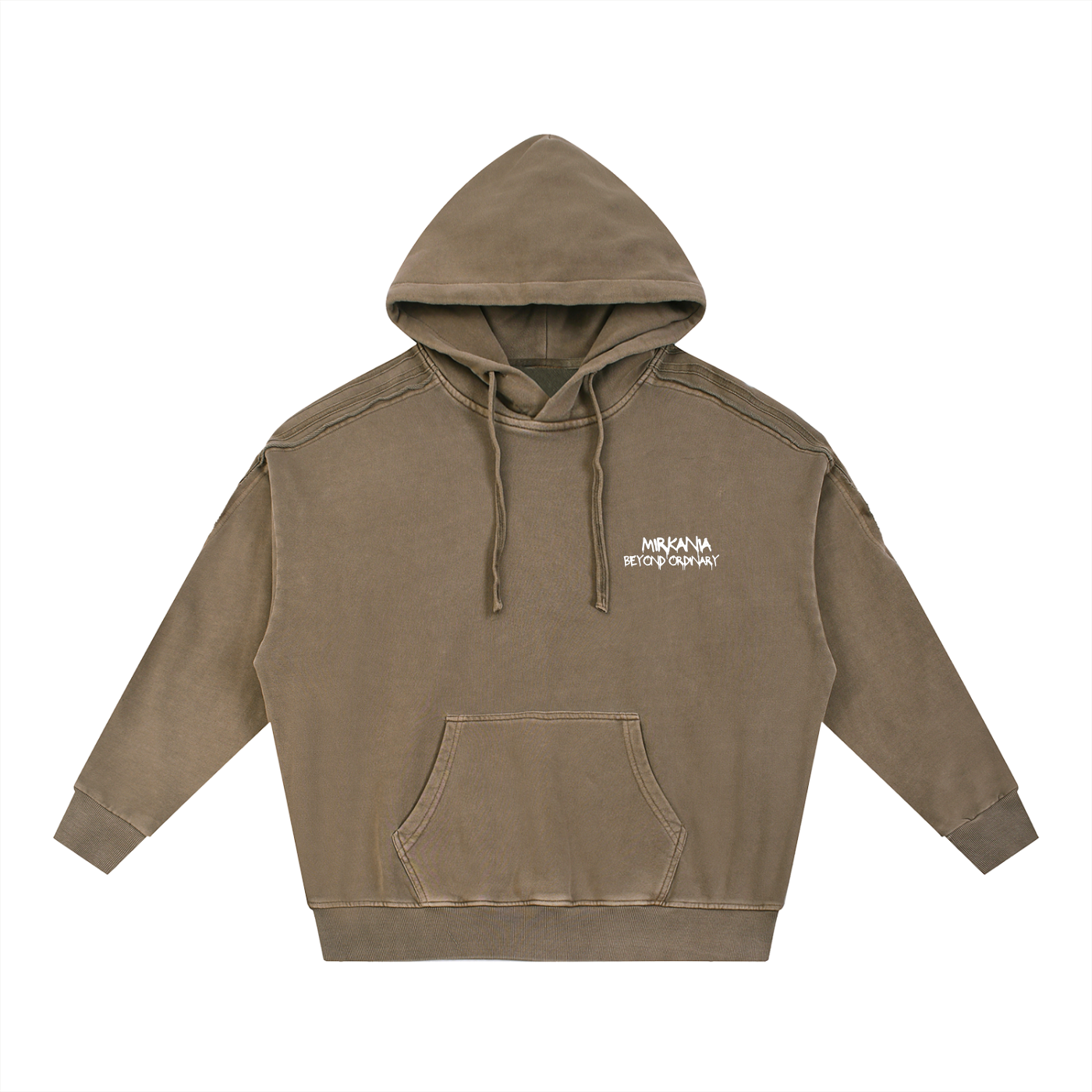 Snow Washed Tape Raw Edge Hoodie by ODMPOD, showing a casual gray hoodie with raw edges and tape details on the front.