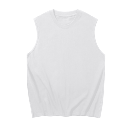 Men's sleeveless cotton tank top by ODMPOD, showing a close-up of the white, breathable fabric and sleeveless design.