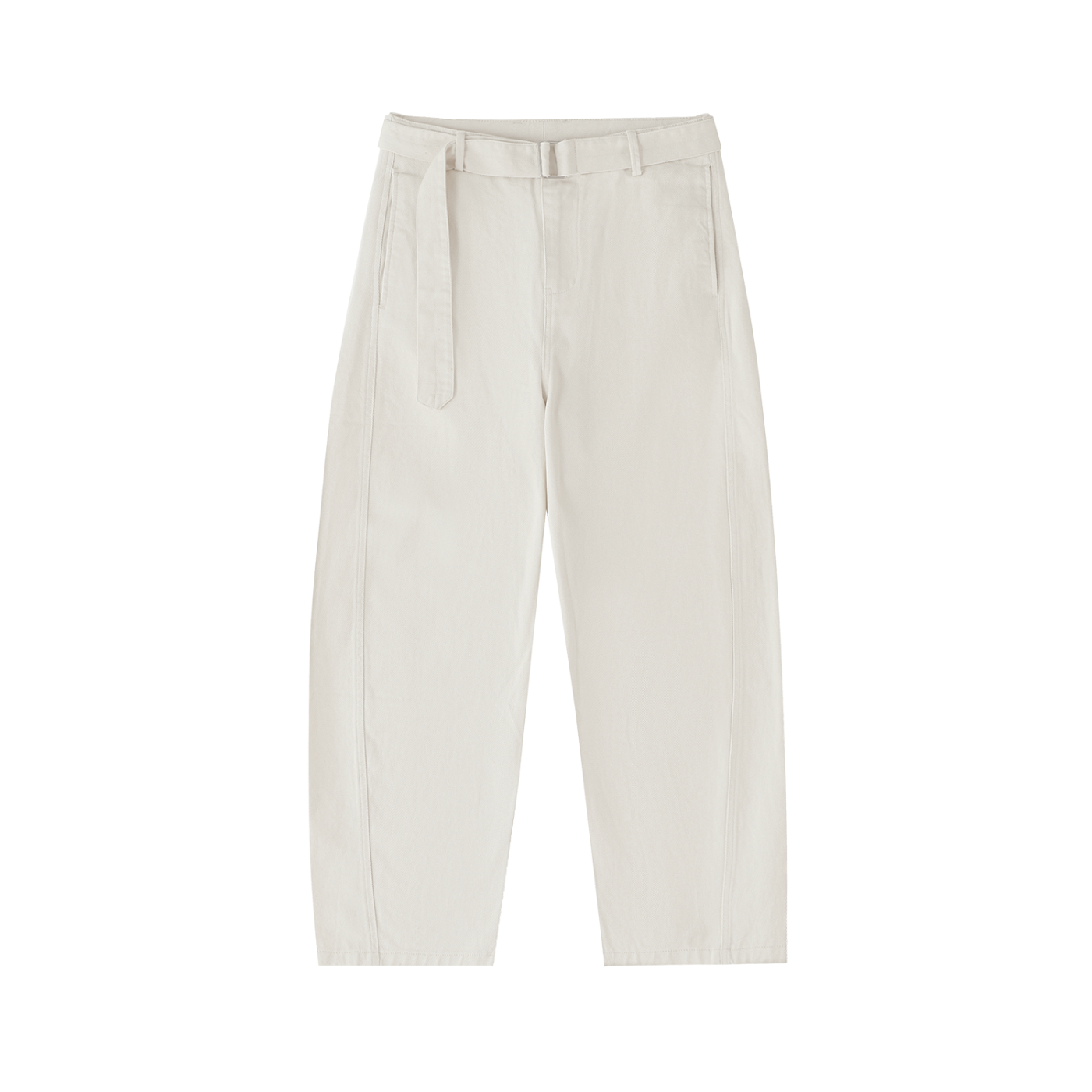Odmpod belted barrel-leg chino pants displayed on a model, featuring a relaxed fit, belt, and classic style in neutral fabric.