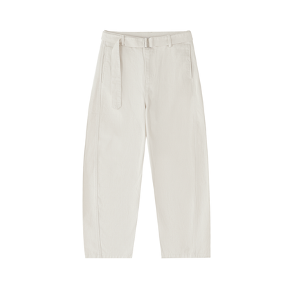 Odmpod belted barrel-leg chino pants displayed on a model, featuring a relaxed fit, belt, and classic style in neutral fabric.