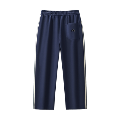 Contrast side-stripe straight-leg pants by ODMPOD, featuring a sleek fit and stylish design, shown on a model.