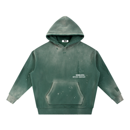 Vintage washed frayed fleece hoodie by ODMPOD featuring a cozy, distressed design with frayed edges and a relaxed fit.