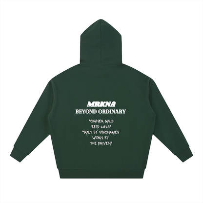 ODMPOD Essential Heavyweight Hoodie shown in black, featuring a cozy, thick fabric, and a front kangaroo pocket.