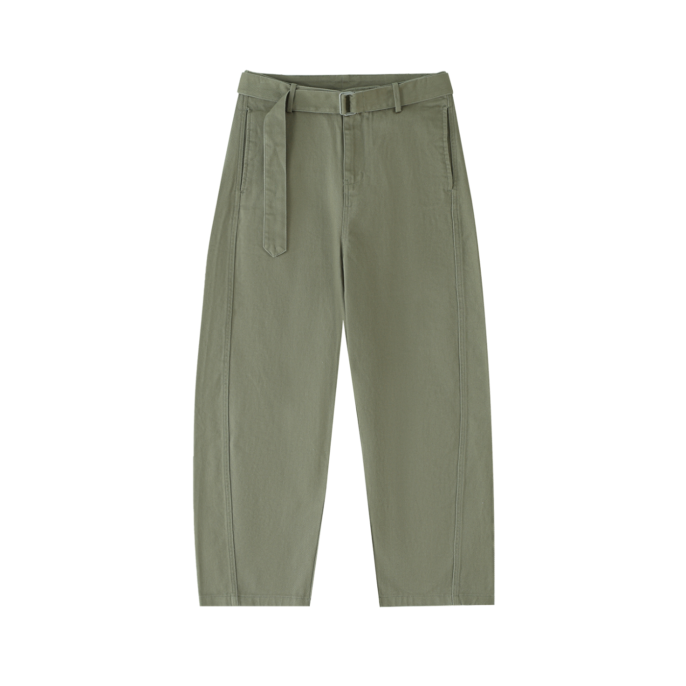 ODMPOD belted barrel-leg chino pants showing a relaxed fit with a waist belt and classic beige color.