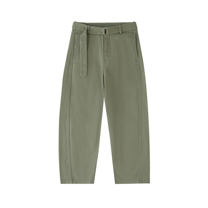 ODMPOD belted barrel-leg chino pants showing a relaxed fit with a waist belt and classic beige color.