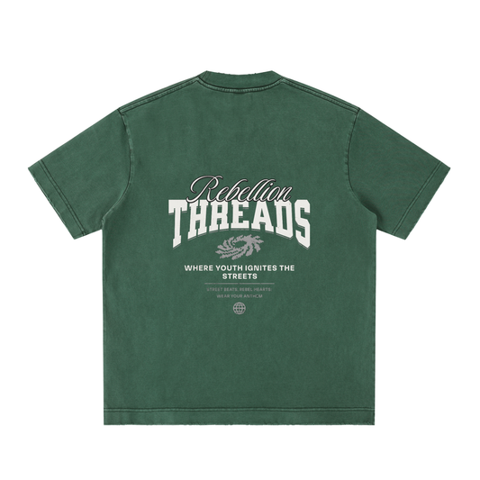 Vintage washed ODMPOD heavyweight frayed t-shirt with distressed details and casual fit, showcasing a rugged, worn-in style.