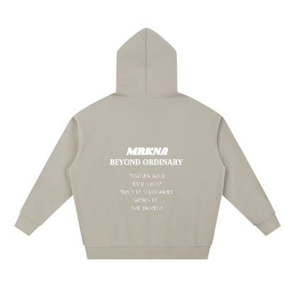 ODMPOD Essential Heavyweight Hoodie in black, showing front view with cozy, thick fabric and hood with drawstrings.