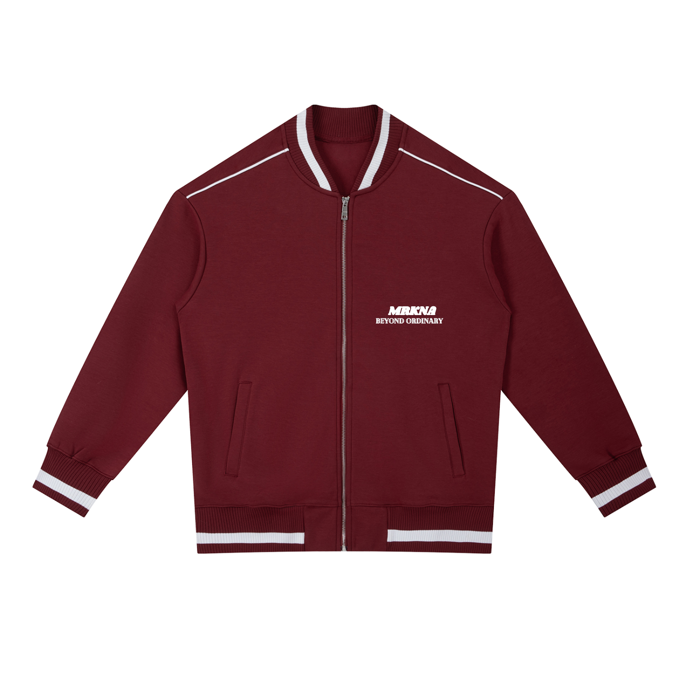 ODMPOD Contrast Piping Zip Bomber Jacket with varsity-style design and bold piping details, front zipper, and ribbed cuffs.
