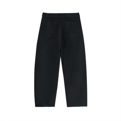 ODMPOD belted barrel-leg chino pants showing a relaxed fit with a waist belt and cuffed hems in neutral khaki fabric.