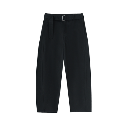 ODMPOD belted barrel-leg chino pants in beige, featuring a relaxed fit and stylish belt detail.