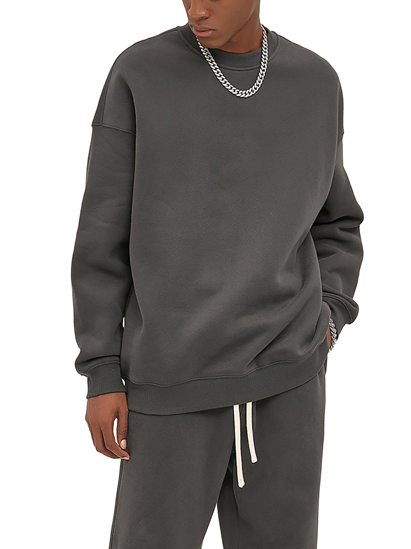 ODMPOD fleeced sweatshirt in soft, cozy fabric with a relaxed fit and ribbed cuffs, shown on a hanger.