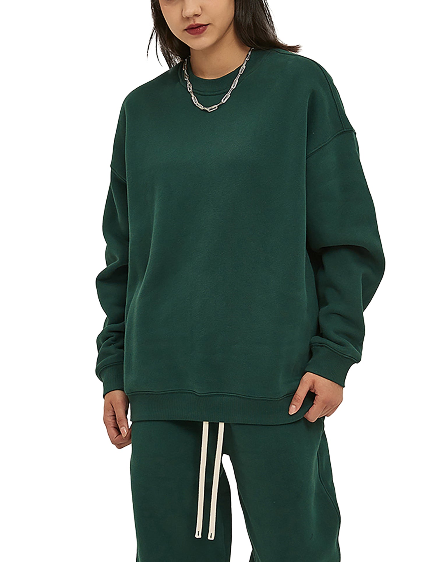 ODMPOD fleeced sweatshirt showing a cozy, soft fabric in a relaxed fit with a round neckline and long sleeves.