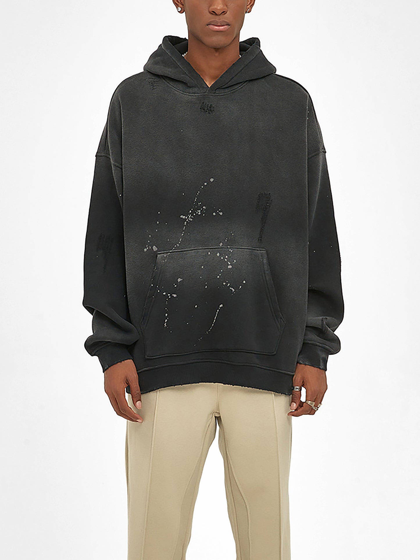 Vintage washed frayed fleece hoodie by ODMPOD, showing soft, distressed fabric with frayed edges and a relaxed fit.