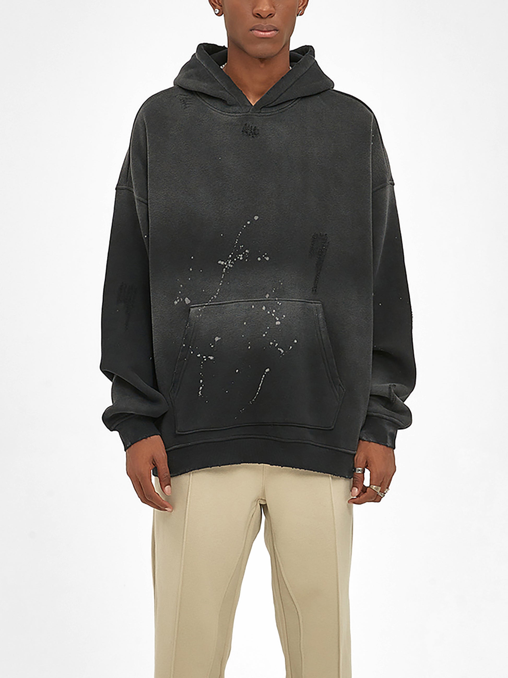 Vintage washed frayed fleece hoodie by ODMPOD, showing soft, distressed fabric with frayed edges and a relaxed fit.