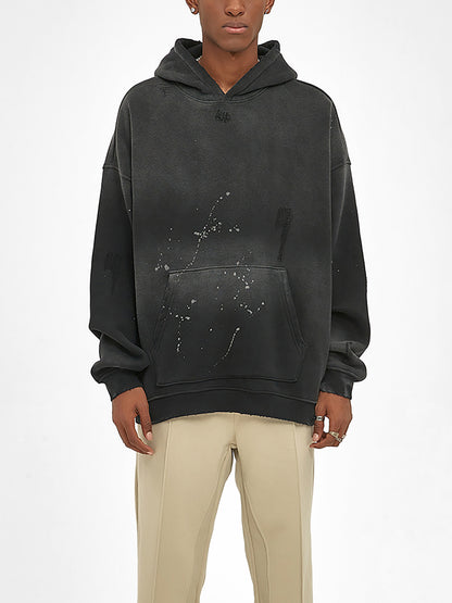 Vintage washed frayed fleece hoodie by ODMPOD, showing soft, distressed fabric with frayed edges and a relaxed fit.