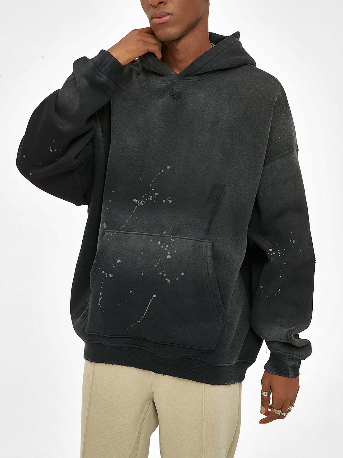 Vintage washed frayed fleece hoodie from ODMPOD, showing the soft, distressed fabric and relaxed fit of the casual hoodie.