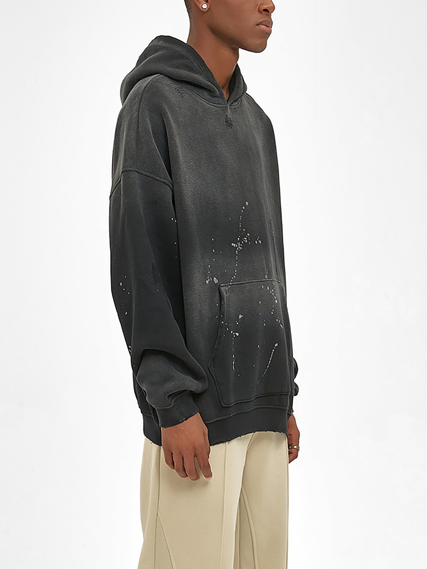 Vintage washed frayed fleece hoodie from ODMPOD, featuring a cozy, worn-in look with distressed edges and a relaxed fit.