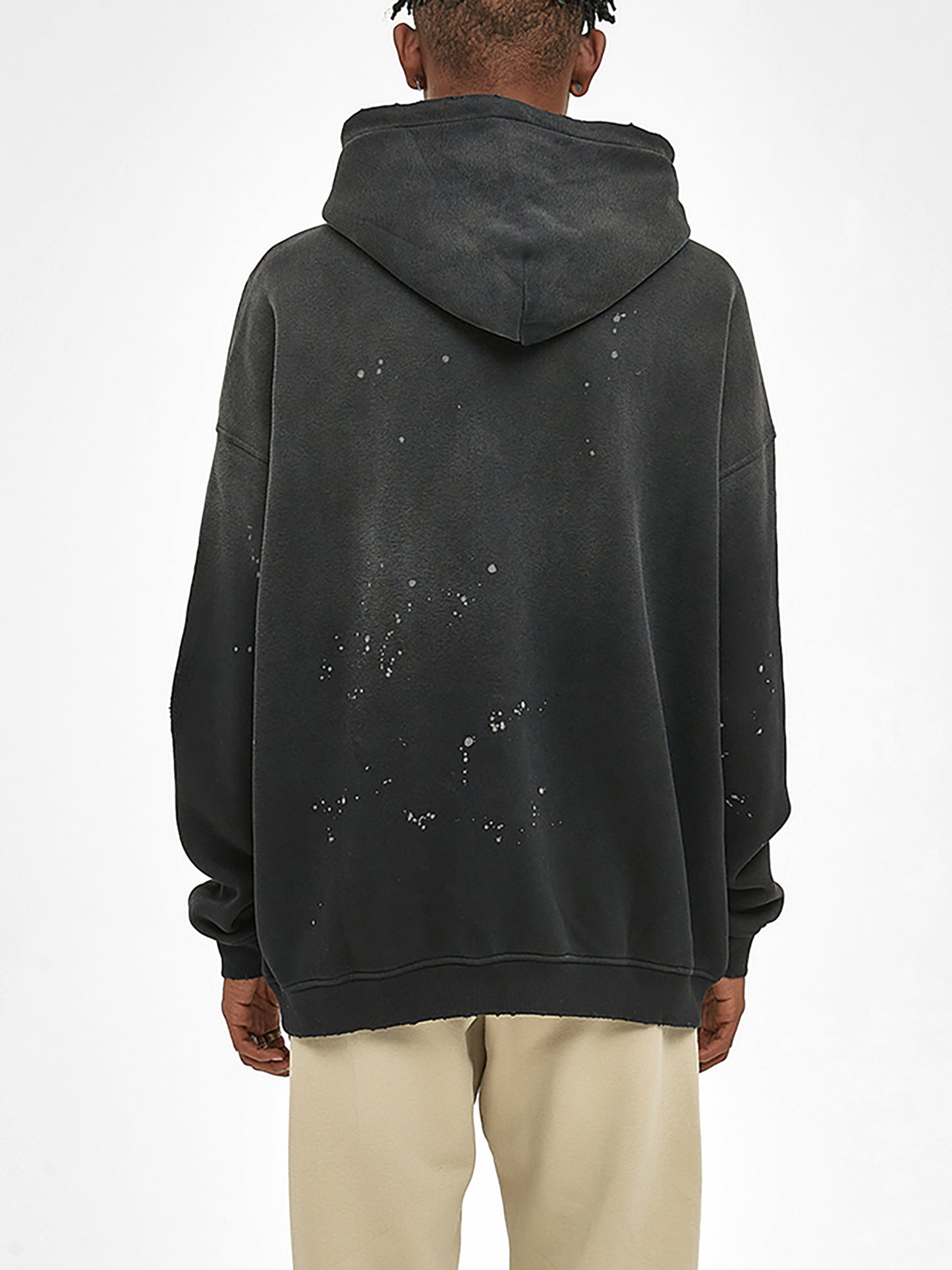 Vintage washed frayed fleece hoodie from ODMPOD, showing the soft fabric and distressed details on a casual hoodie style.