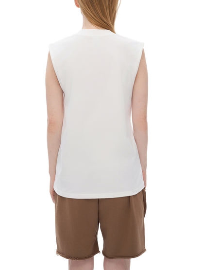 Men's sleeveless cotton tank top by ODMPOD, showing a close-up of the white fabric and sleeveless design.