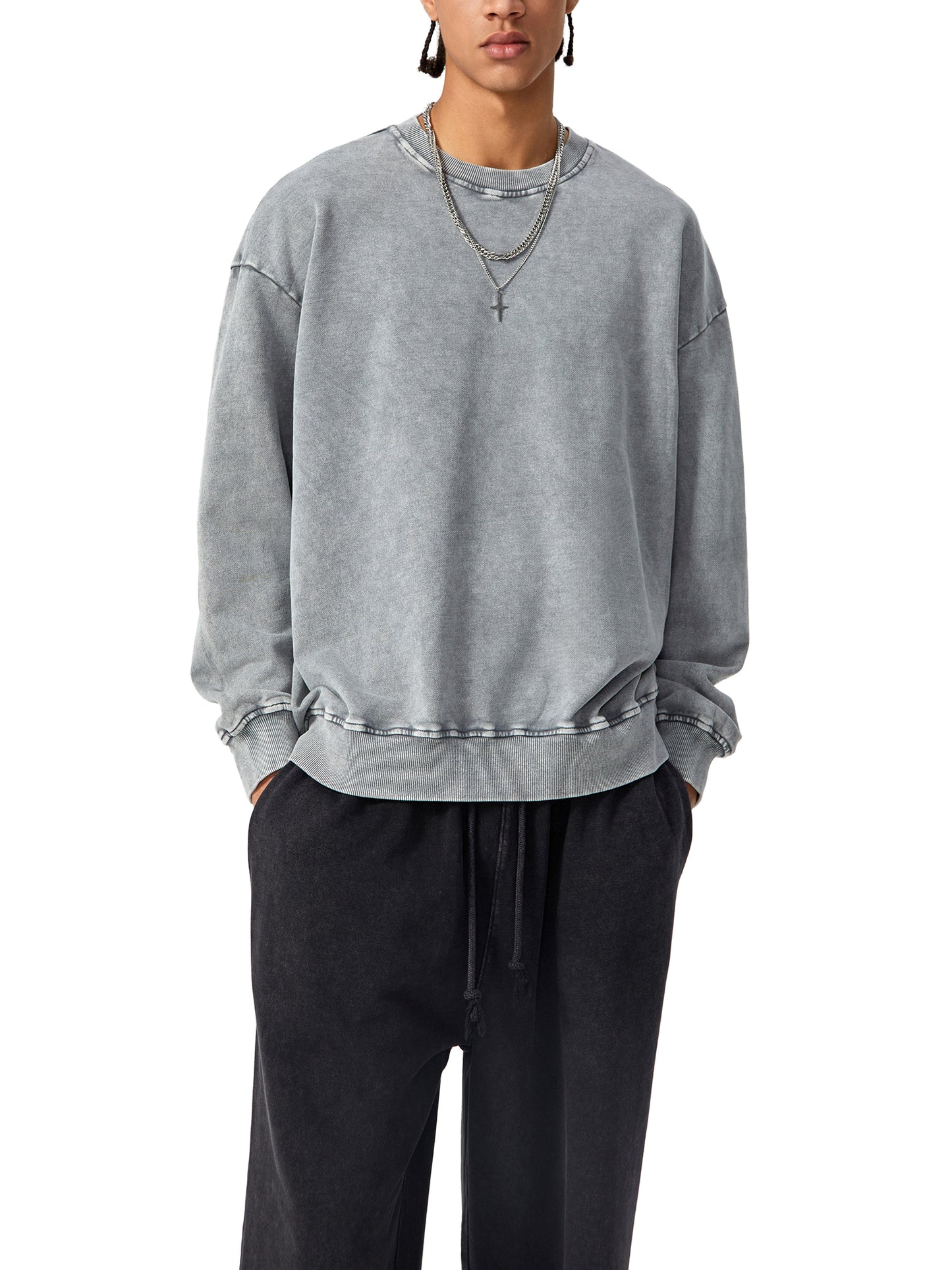 ODMPOD snow washed oversized sweatshirt in light gray, relaxed fit with soft, textured fabric and casual style.