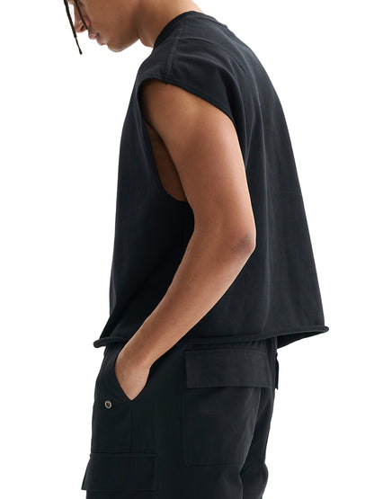 Gray French Terry boxy tank top by ODMPOD, sleeveless design with a relaxed fit and rounded neckline.