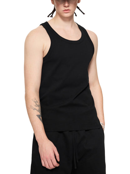 ODMPOD Essential Performance Tank Top, lightweight athletic sleeveless shirt in black, shown on a hanger.