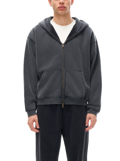 ODMPOD Zip-Through Boxy Fleece Hoodie showing front view with zip closure, cozy fleece fabric, and relaxed fit.