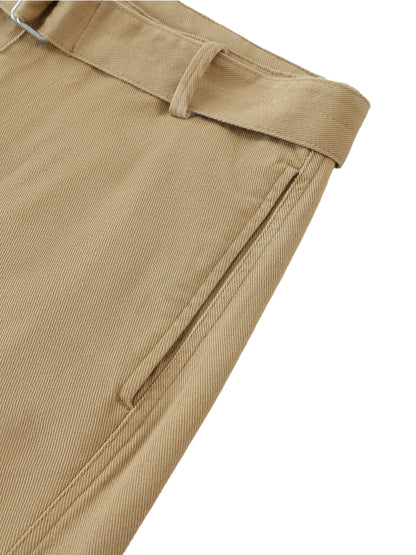 ODMPOD belted barrel-leg chino pants shown in khaki with front pockets and belt detail, casual men's chinos for everyday wear.