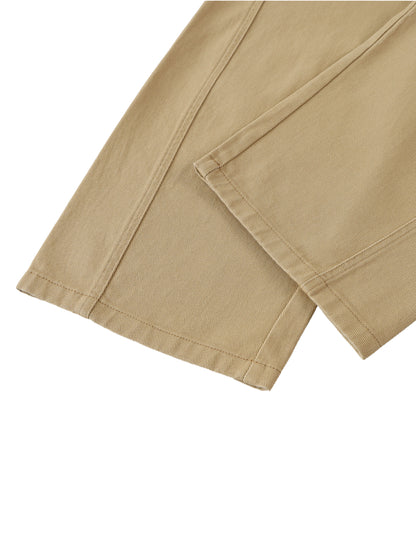 ODMPOD belted barrel-leg chino pants shown in dark khaki, featuring a relaxed fit, belt loops, and classic style.
