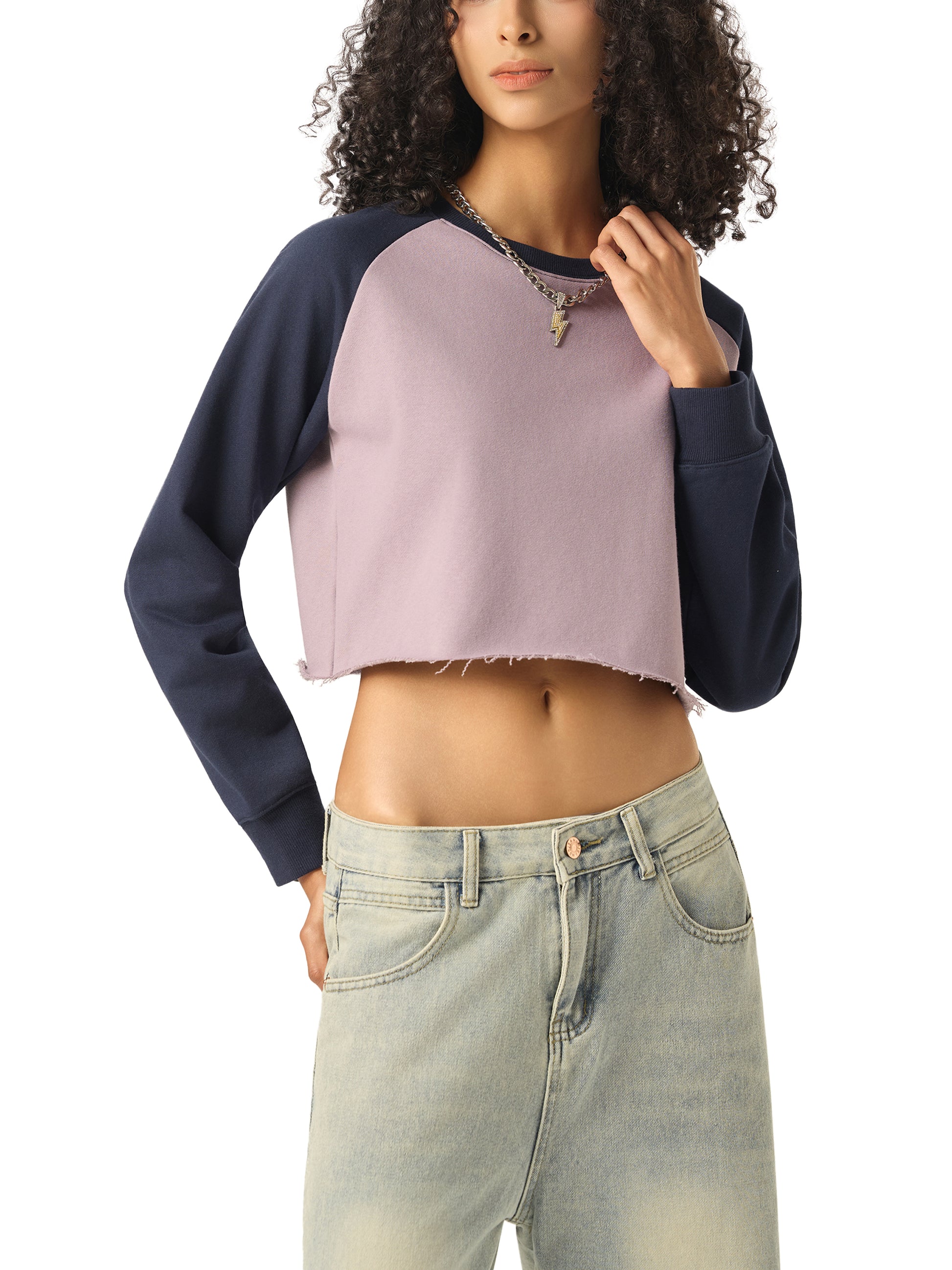 Gray raw-hem color-block raglan crop sweatshirt by ODMPOD featuring a relaxed fit and contrasting color panels.