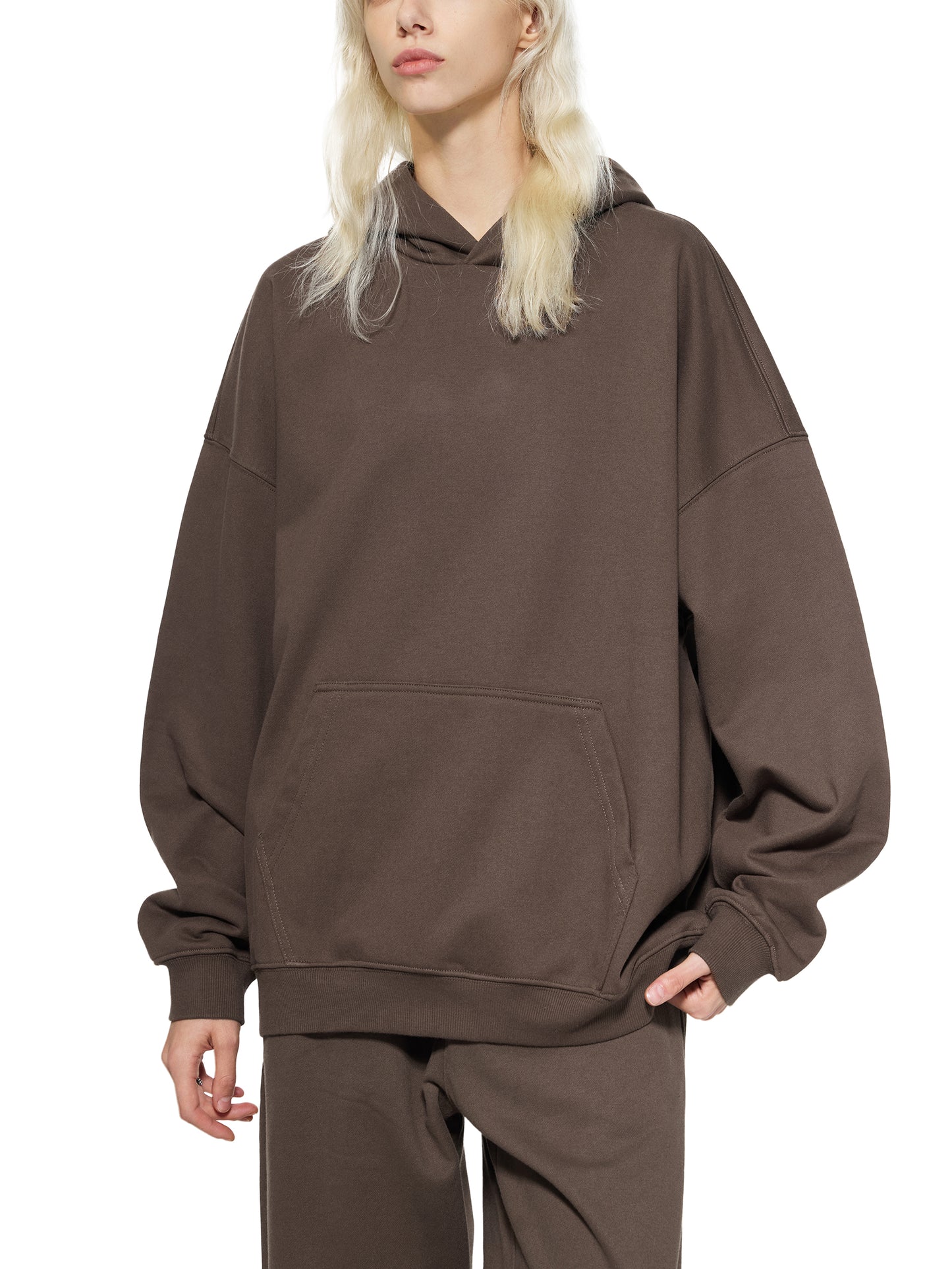 ODMPOD Essential Heavyweight Hoodie in gray, featuring a soft fleece interior and a comfortable, relaxed fit.