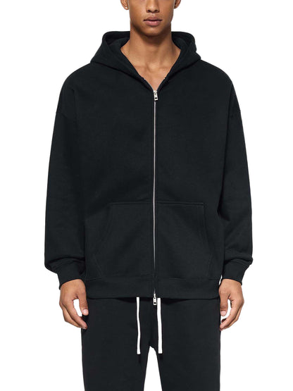 ODMPOD Essential fleece zip-through hoodie, navy blue with front pockets and adjustable drawstrings, casual and comfortable.