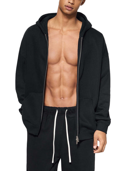 ODMPOD Essential fleece zip-through hoodie with front pockets, soft fabric, and adjustable drawstrings in a cozy, casual style.