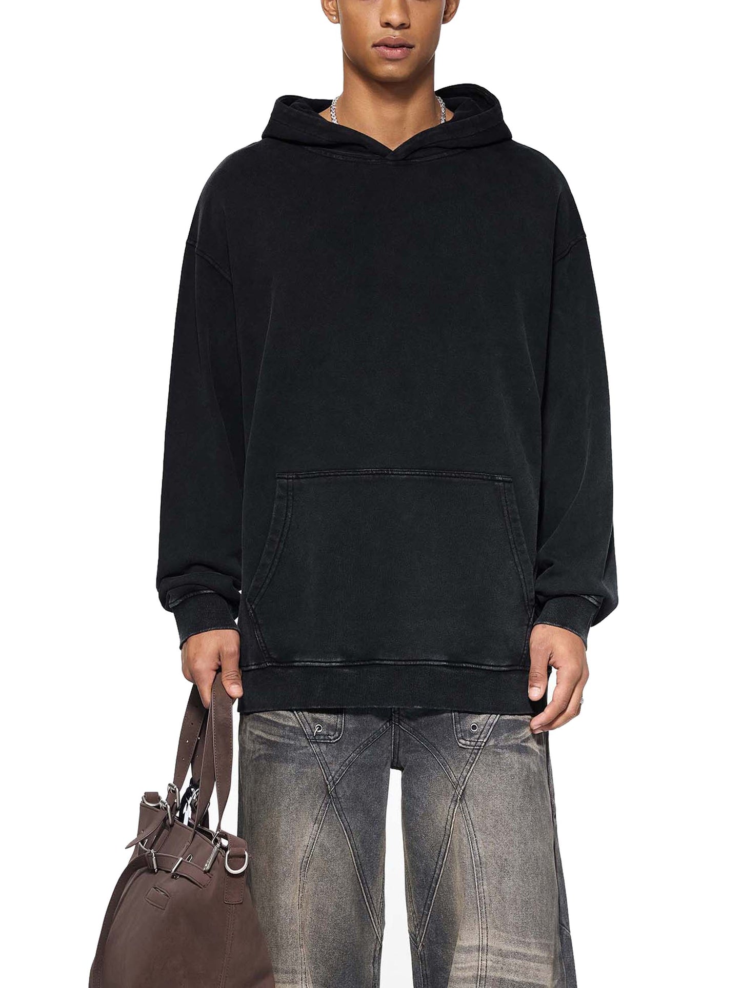 ODMPOD snow washed loose cotton hoodie showing a comfortable fit and soft fabric in a casual style.