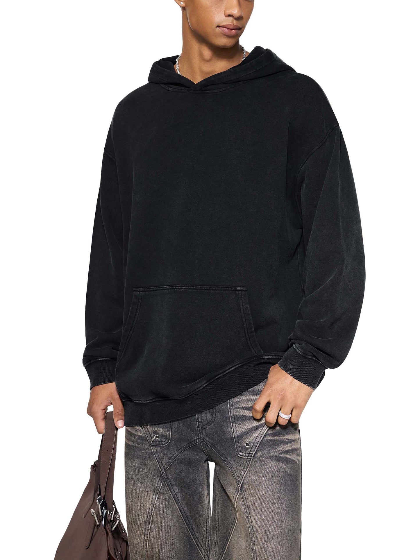 ODMPOD snow washed loose cotton hoodie featuring a relaxed fit and soft fabric, shown in a casual, comfortable style.