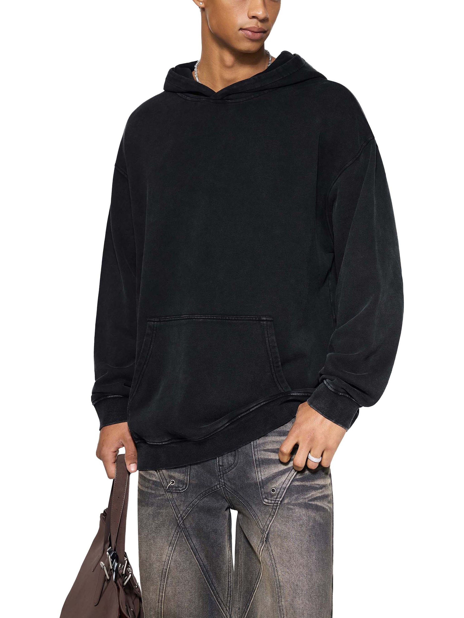 ODMPOD snow washed loose cotton hoodie featuring a relaxed fit and soft fabric, shown in a casual, comfortable style.