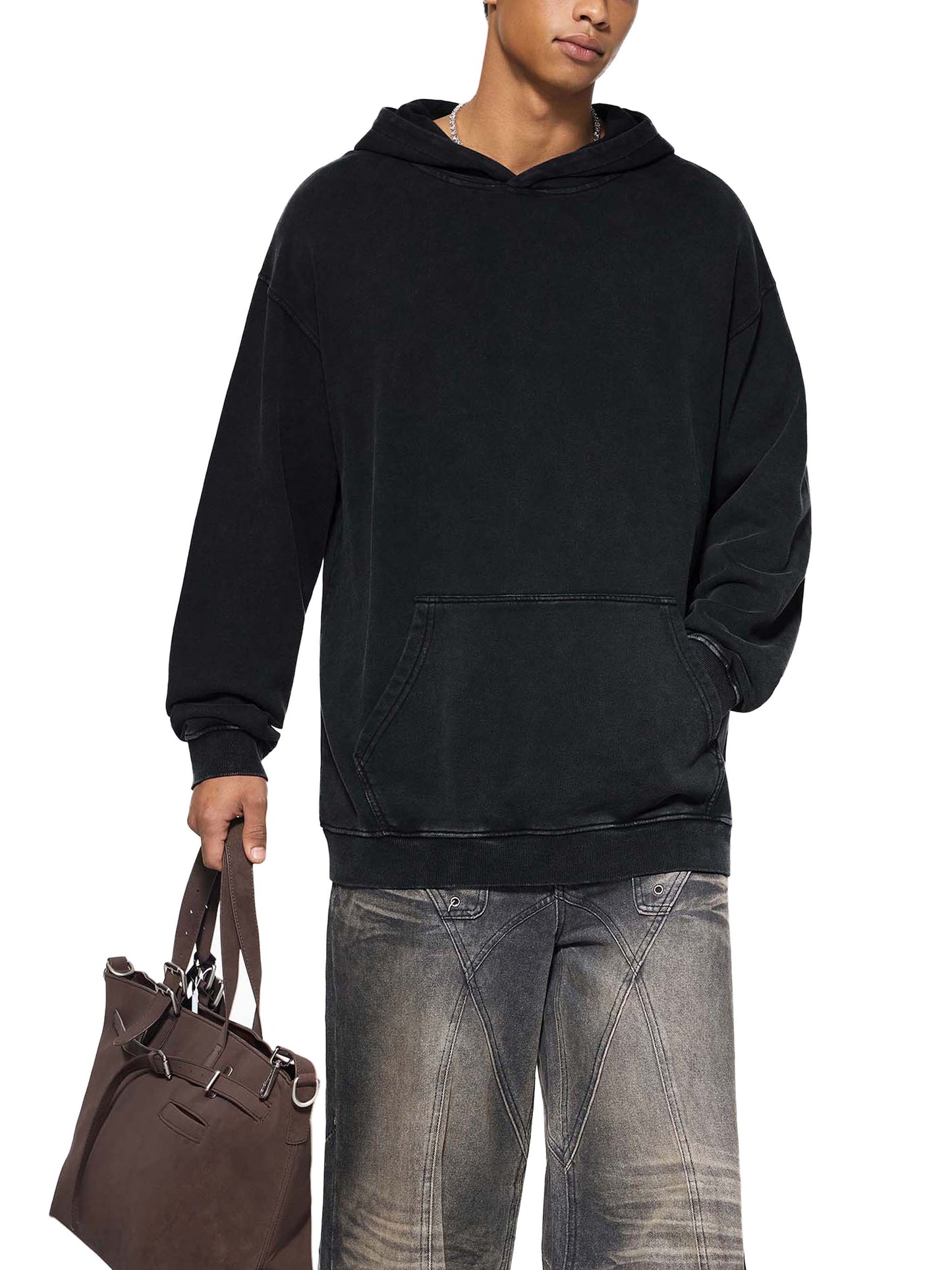 ODMPOD snow washed loose cotton hoodie, gray color, soft fabric, with hood and relaxed fit, casual streetwear style.