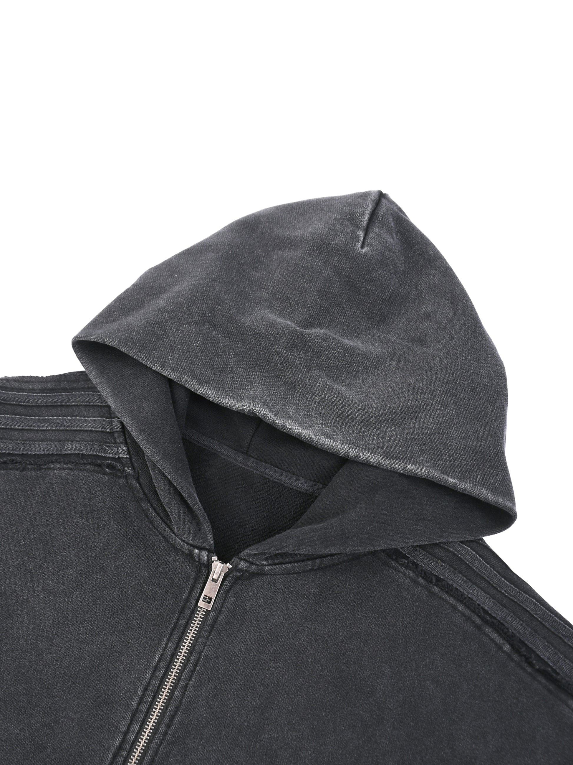 Snow Washed Tape Raw Edge Zip Hoodie by ODMPOD, close-up of the hoodie with raw edge details and zipper on the front.