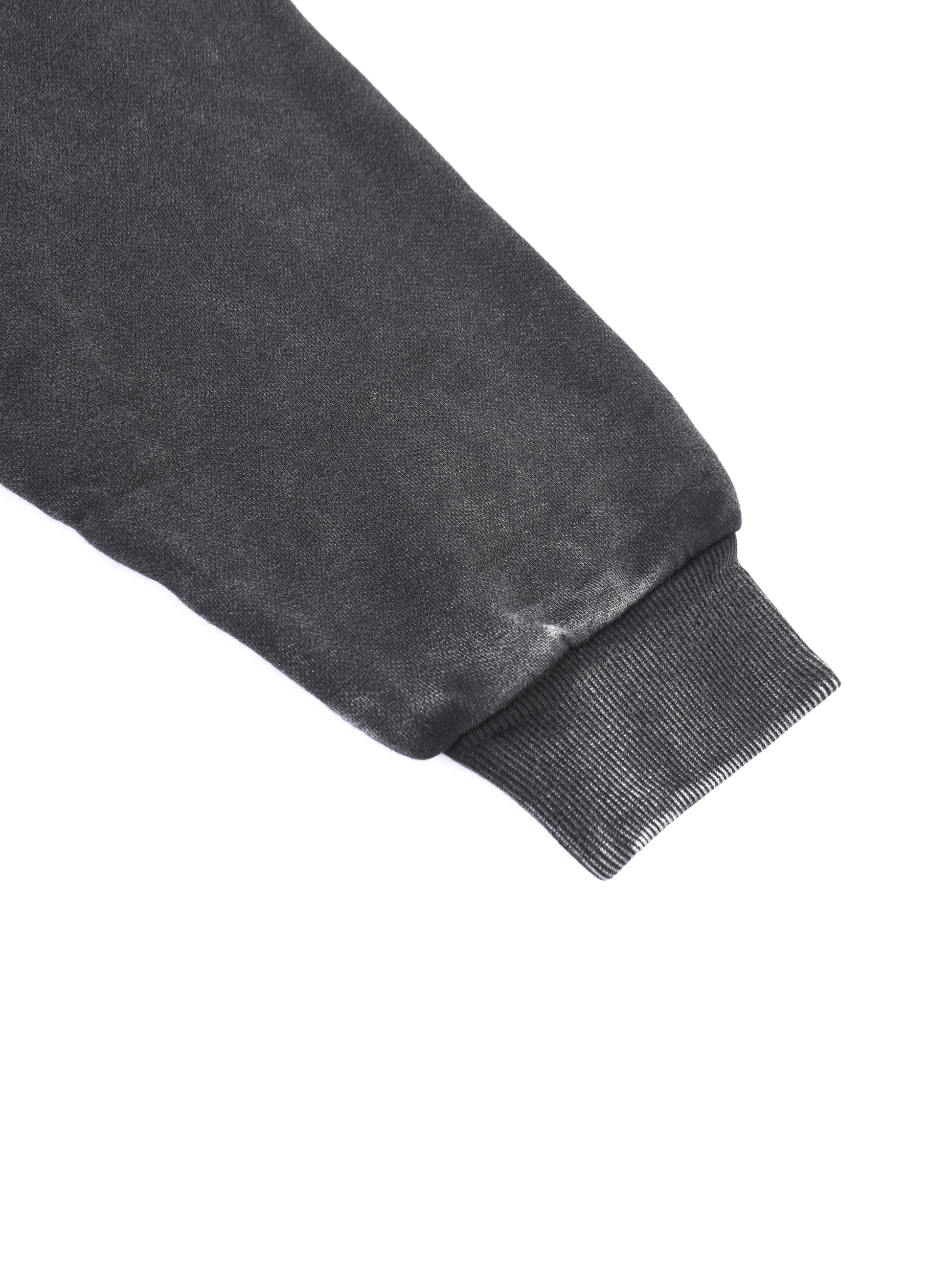 ODMPOD snow washed tape raw edge zip hoodie, close-up showing distressed fabric, raw edges, and zipper detail.
