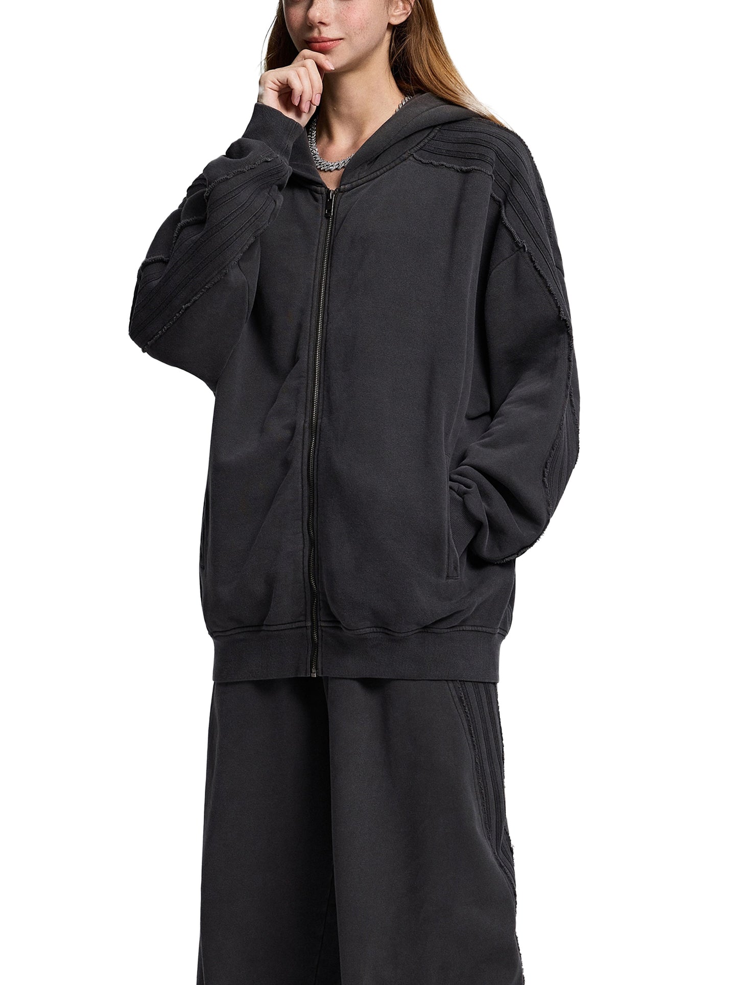 Snow Washed Tape Raw Edge Zip Hoodie by ODMPOD, showing the hoodie with raw edge detailing and front zipper in a casual style.