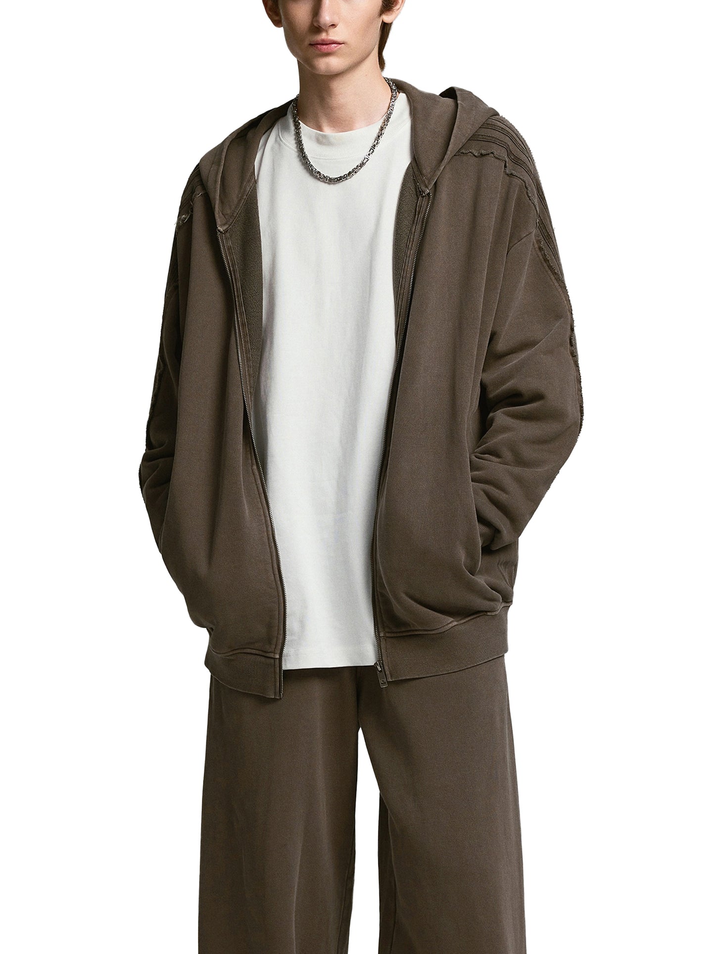 ODMPOD Snow Washed Tape Raw Edge Zip Hoodie featuring a front zipper and distressed raw edges, casual and stylish men's hoodie.