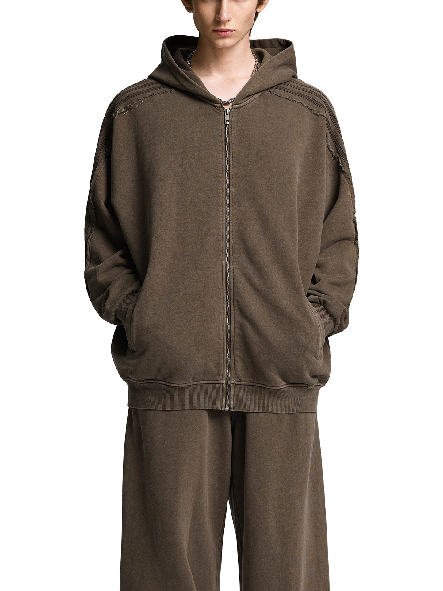 Snow Washed Tape Raw Edge Zip Hoodie by ODMPOD, showing front view with raw edge details and zip closure in a casual style.