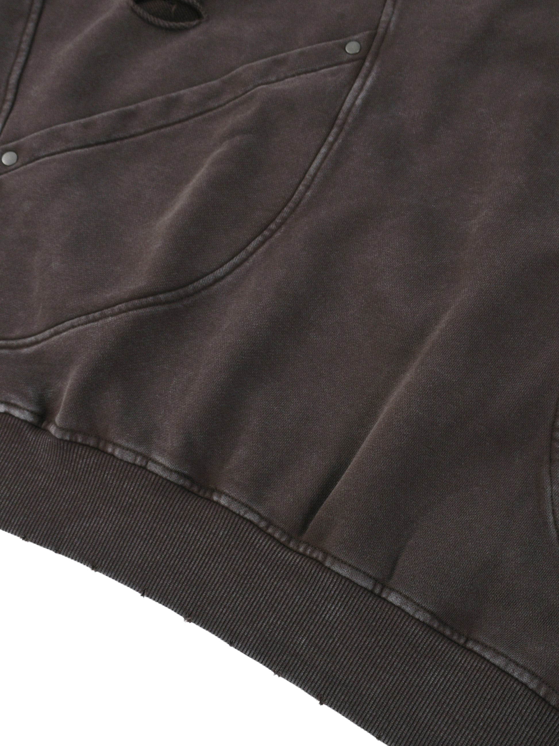 Snow Washed Distressed Panel Pocket Hoodie by ODMPOD featuring a relaxed fit, distressed details, and front patch pocket.