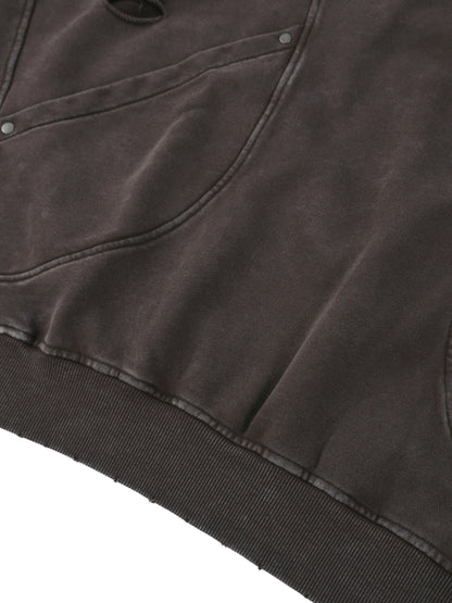 Snow Washed Distressed Panel Pocket Hoodie by ODMPOD featuring a relaxed fit, distressed details, and front patch pocket.