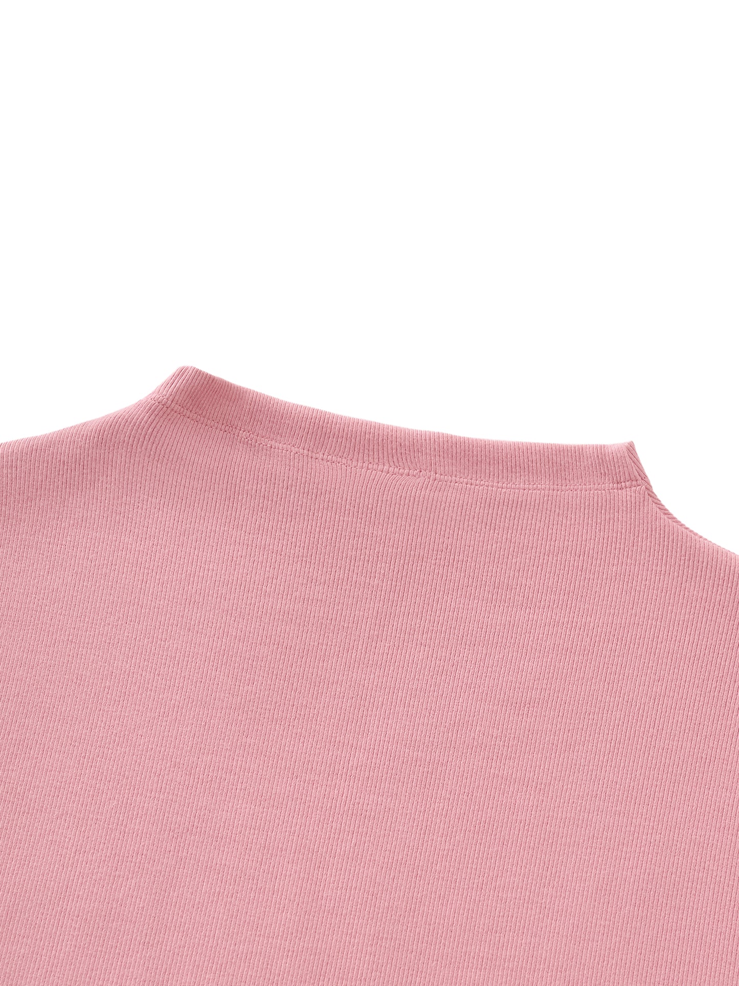 White ODMPOD essential slim fit mock neck t-shirt, close-up view showing soft fabric and fitted style.